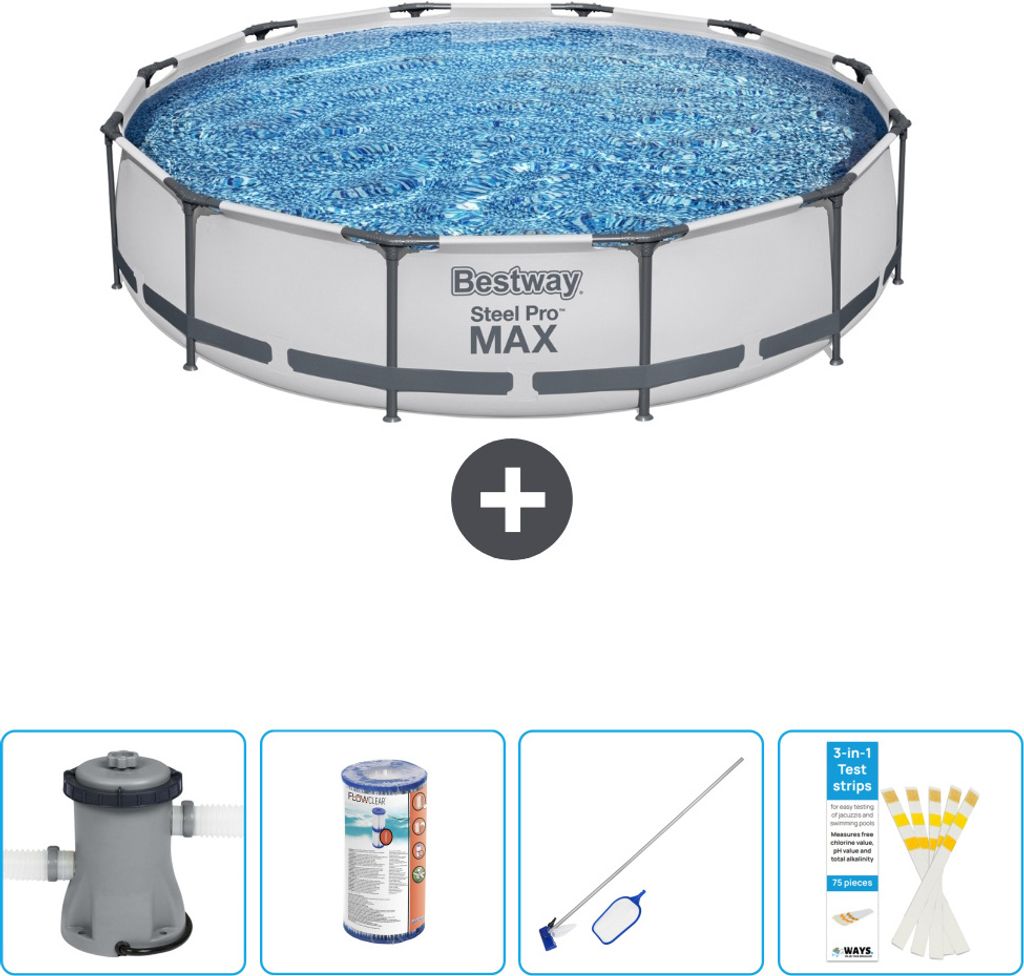 Bestway Round Steel Pro MAX Schwimmbad – 366 x 76 cm – Grau – inklusive Pumpe Filter - Reinigungskit - Teststreifen