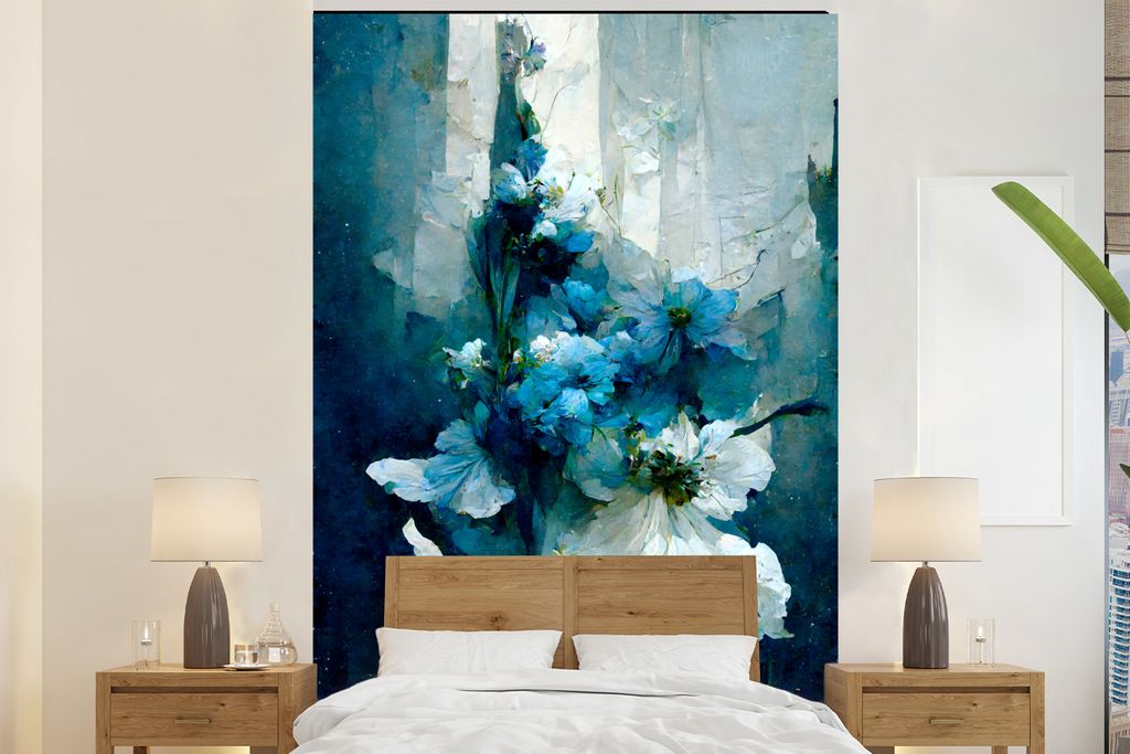 MuchoWow Fototapete für Wohnzimmer oder Schlafzimmer Wandtapete Vinyl Motivtapete Blumen - Blumenstrauß - Farbe - Blau - 225x350 cm - Schlafzim...