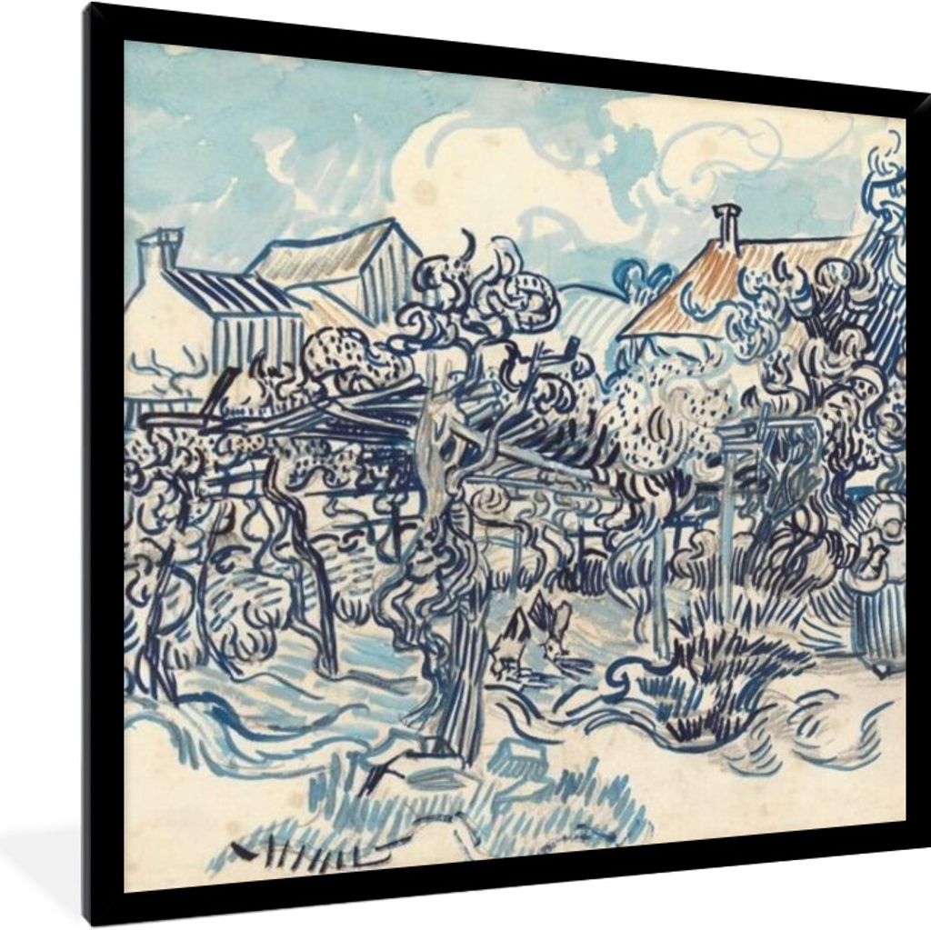 Poster mit Rahmen - Alter Weinberg mit Bäuerin - Vincent van Gogh - 40x40 cm - Poster mit zchwarzem Bilderrahmen