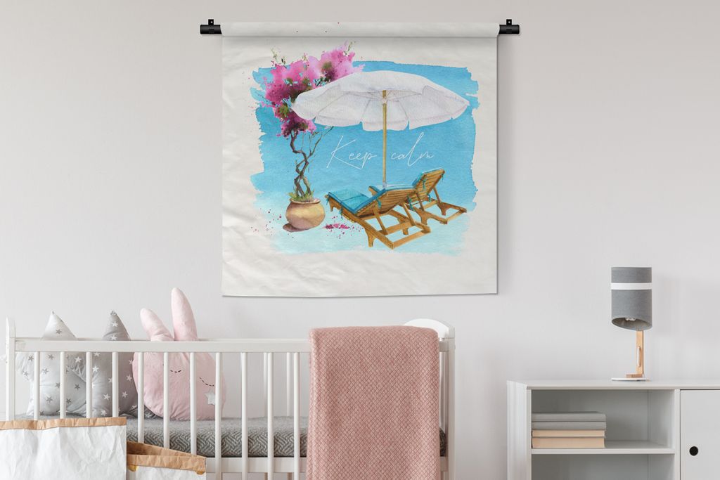 MuchoWow Wandteppich Wandbehang Strandkorb - Sonnenschirm - Blumen - Zeichnung 90x90 cm Tapisserie Dekoration Wandtuch - Wandaufhänger