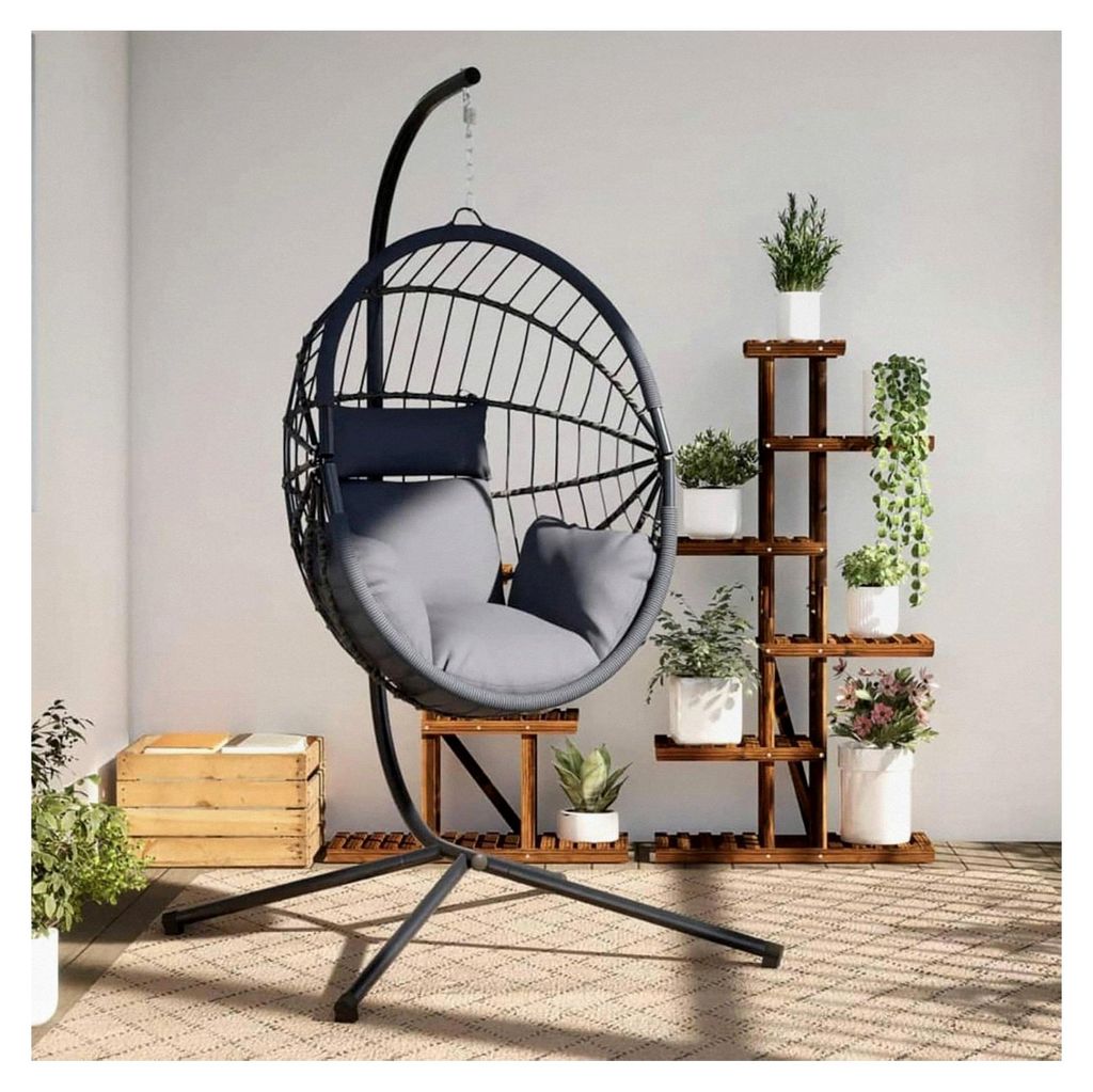 Hängesessel im Ei-Design mit Ständer in Hellgrau aus Rattan und Stahl, Hängeschaukel für Innen- und Außenbereich