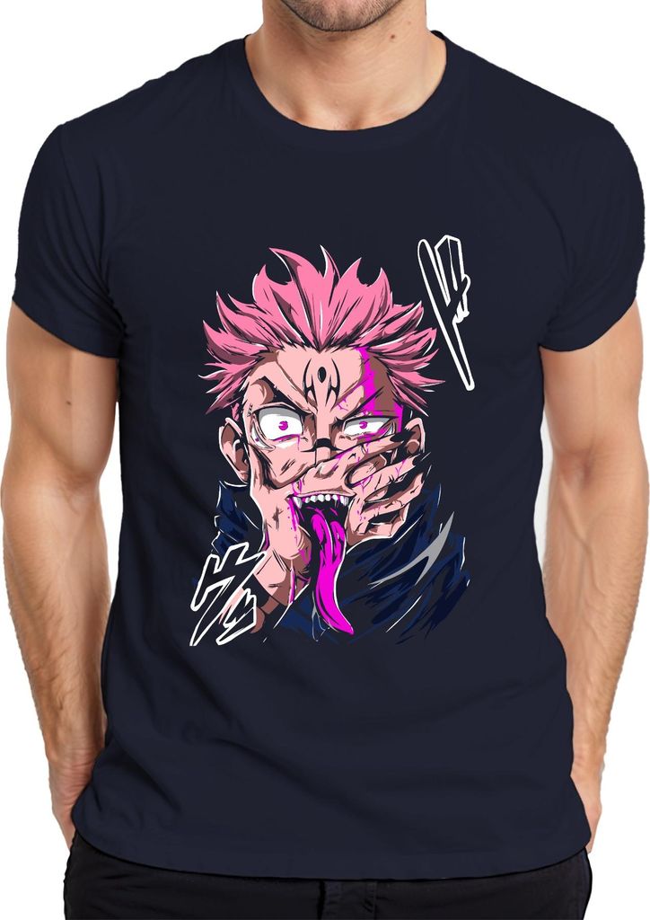 Anime Dämon rosa Haare Anime Ästhetik Zunge Fänge Horror Halloween Herren T-Shirt, Navy, S