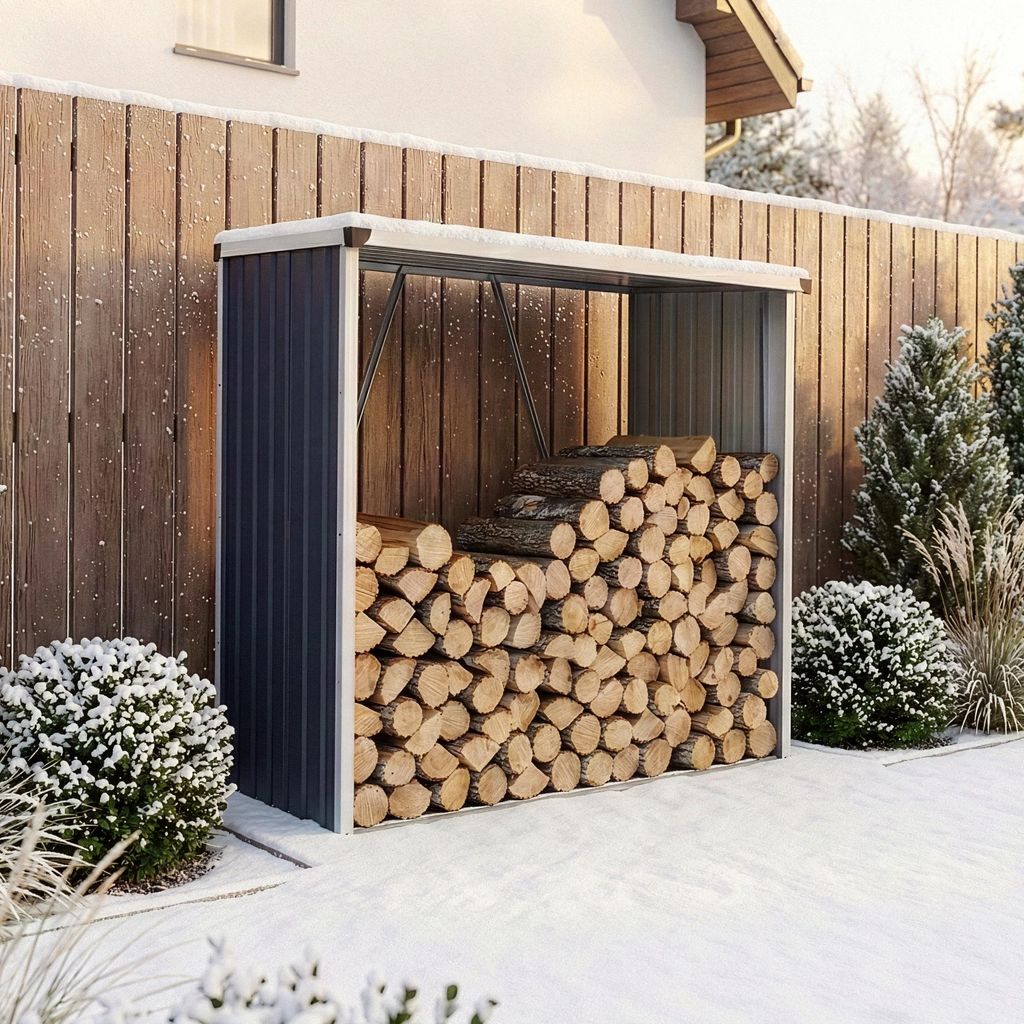 A metal firewood storage shed filled with logs, set against a wooden fence in a snowy outdoor environment.
