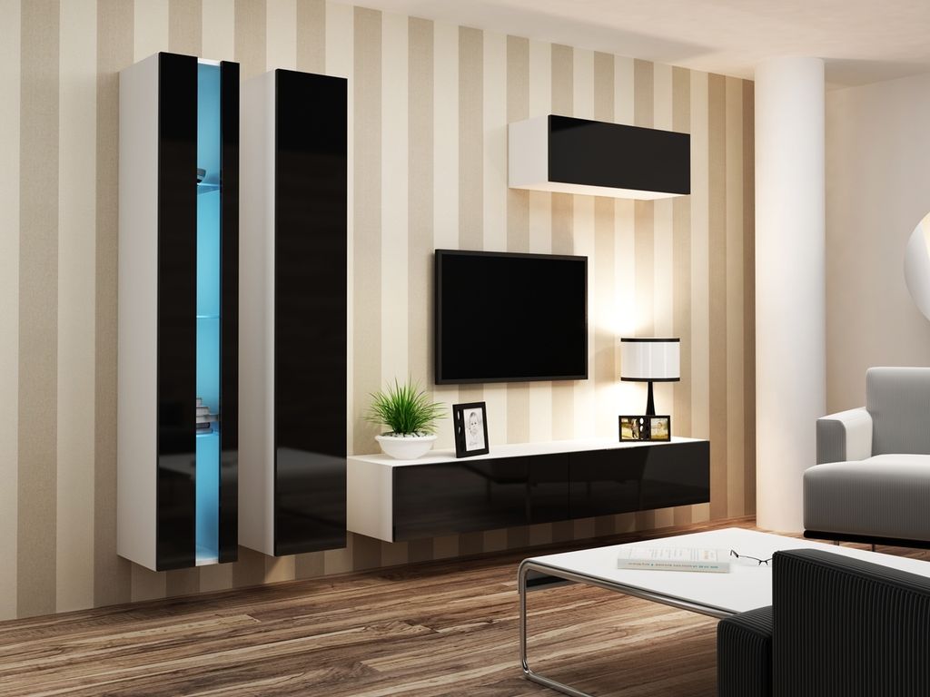 Wohnwand Wohnzimmer - Set Medienwand VIGO NEW 1B weiß / schwarz Hochglanz mit Hängeschränke und TV-Lowboard 260 cm breit