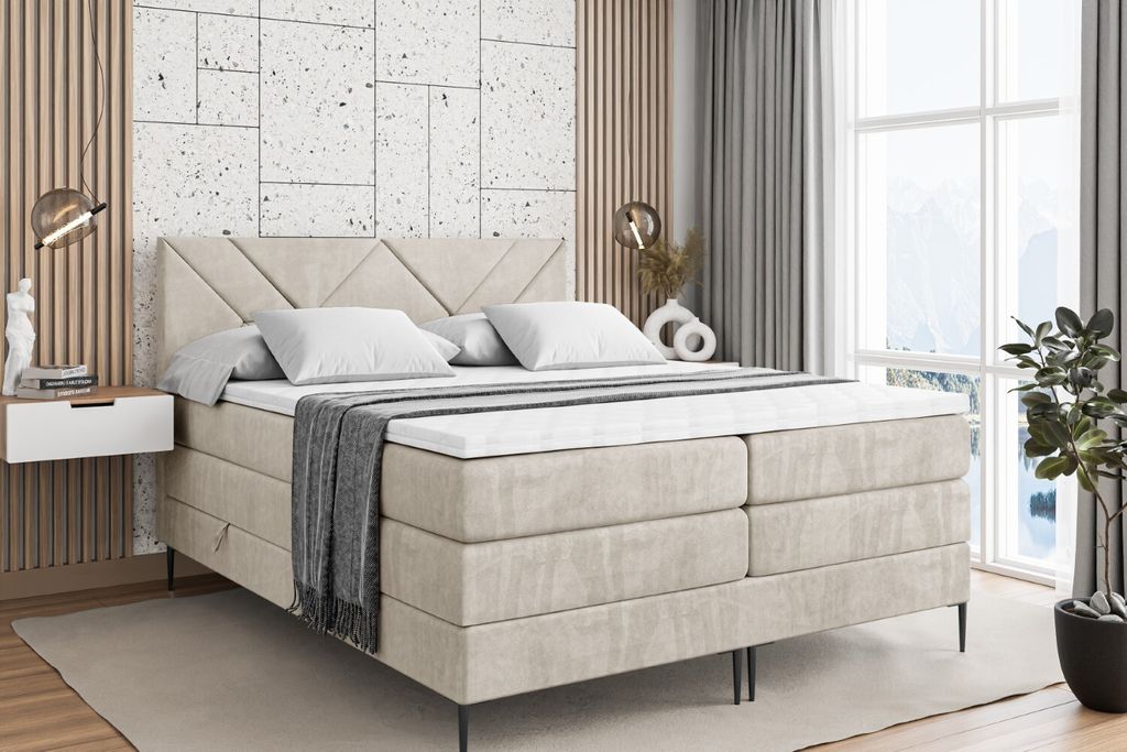 ALTDECOR Boxspringbett mit Schwarz Füßen, Matratze und Lattenrost, Topper, Polsterbett mit Bettkasten, Bett mit Stauraum H3- und H4- Matratze, Do...