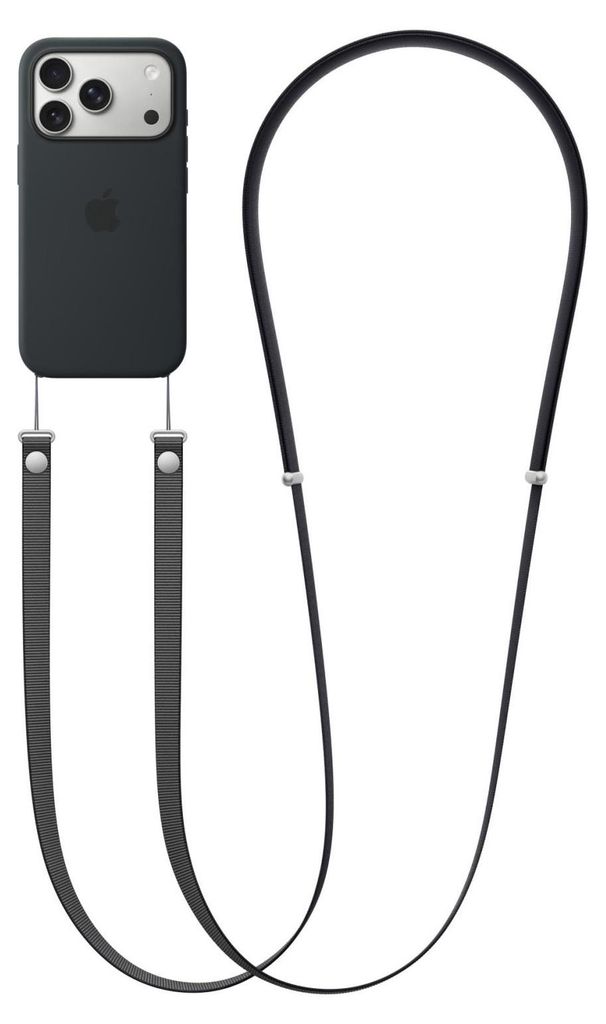 A black iPhone case with a black crossbody strap attached.