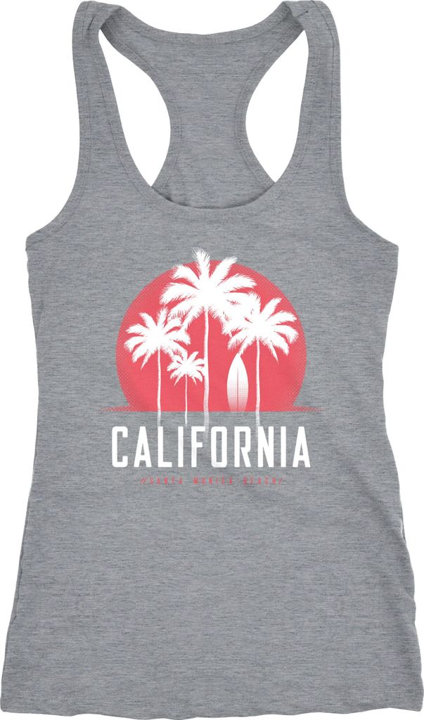 Damen Tank-Top California Palmen Santa Monica Beach Sommer Sonne Printshirt Fashion Streetstyle Racerback Neverless grau L