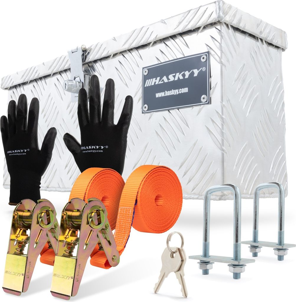 Aluminiumbox Set inkl. 2x Spanngurte Ratsche & Handschuhe Transport Werkzeug
