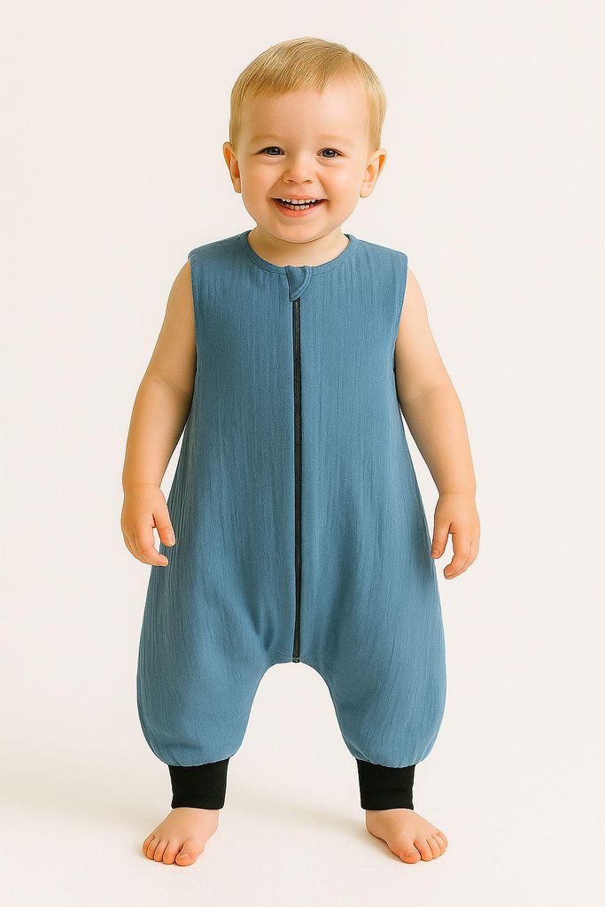 Musselin-Schlafsack für Kinder mit Beinen XL 2-4 Jahre Sommer TOG 1.0 - schmutziges Blau