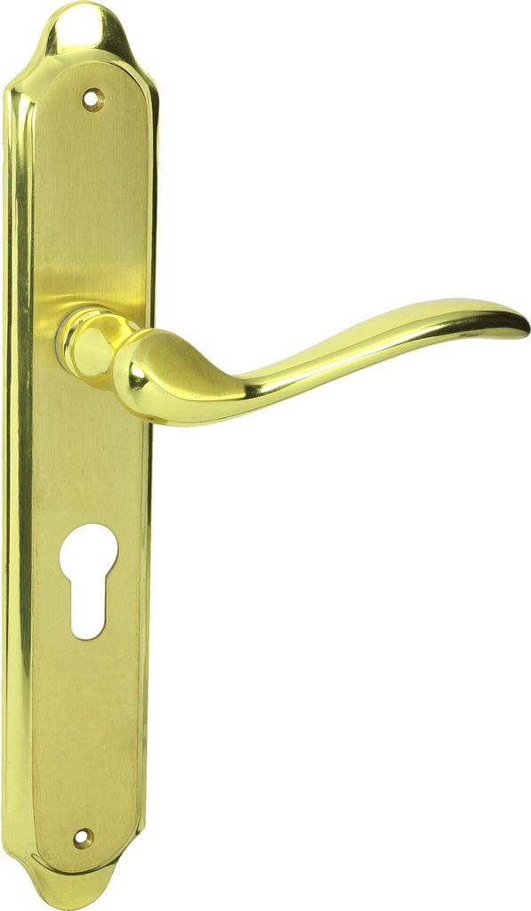 A brass door handle set with a keyhole escutcheon plate, isolated on a white background.