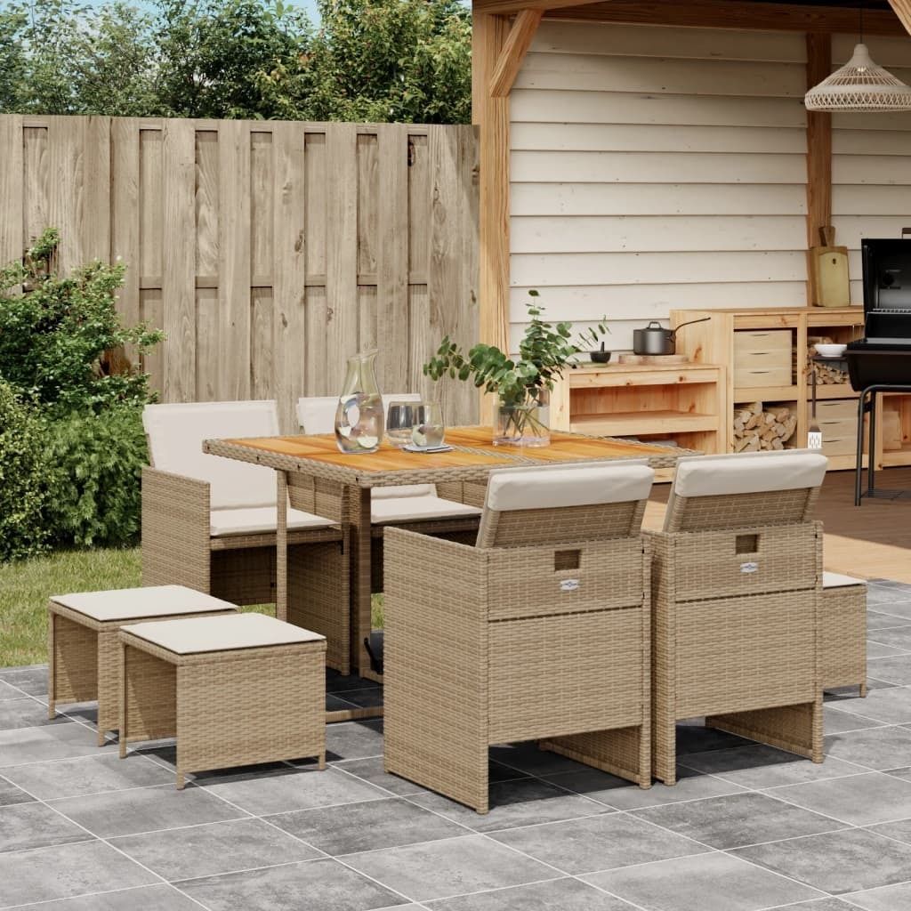 Maison Exclusive - 9-tlg. Garten-Essgruppe mit Kissen Beige Poly Rattan