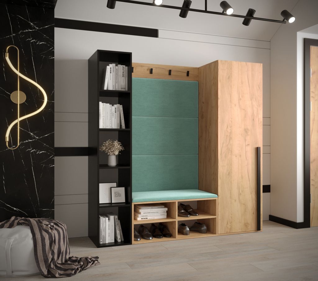 HARRISON Flurwand mit gepolsterten Paneelen – Goldene Eiche, mintfarbene Paneele
