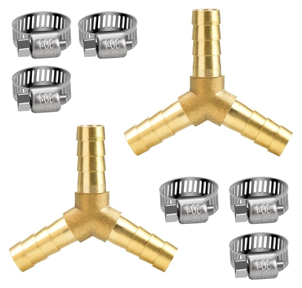 Y-Stück Schlauchverbinder aus Messing 8mm mit 6 Schlauchklemmen