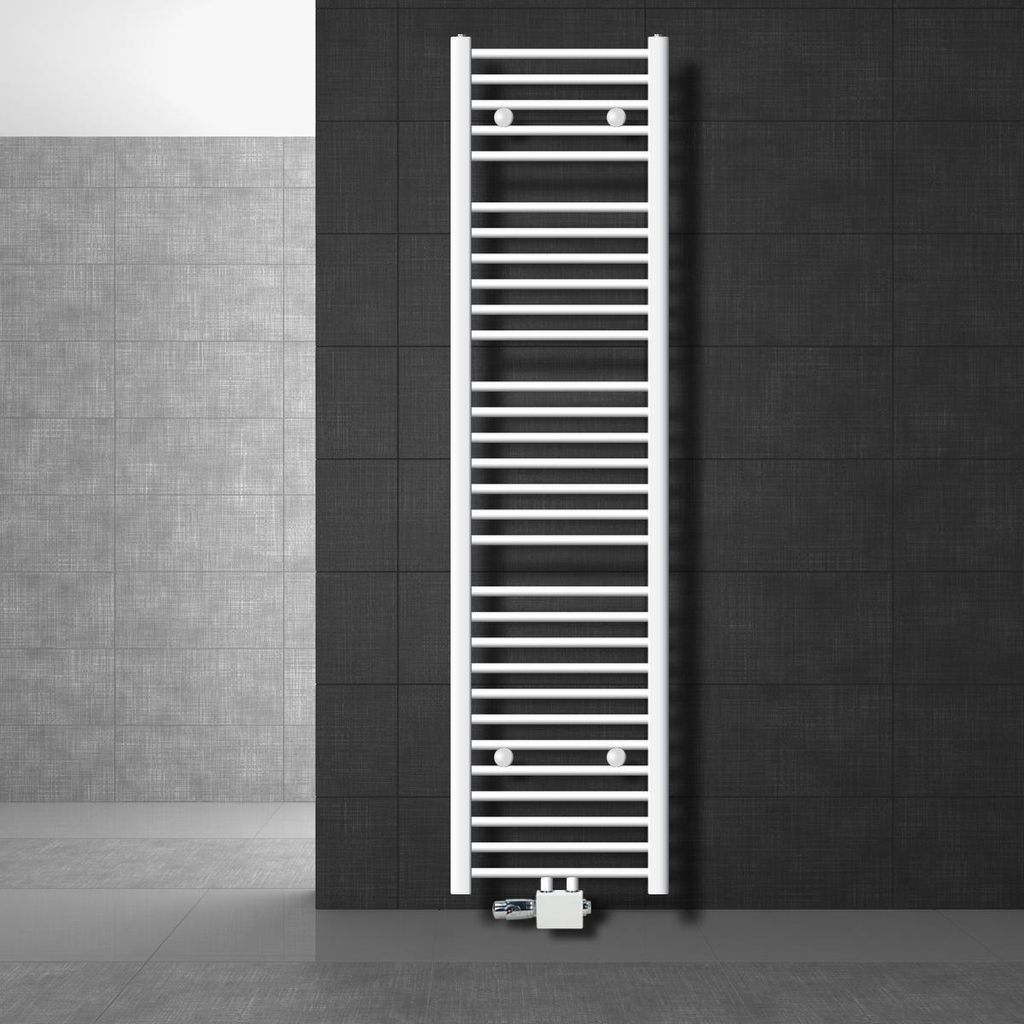 LuxeBath Badheizkörper Mittelanschluss 400 x 1800 mm Weiß gerade mit Thermostat und Anschlussgarnitur Universal Eck- und Durchgangsform, ohne Hei...