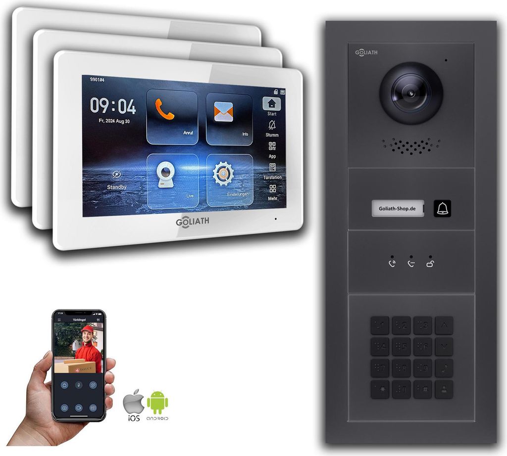 Goliath IP Video Türsprechanlage mit Kamera 7-Zoll Zahlencode Anzeige Anthrazit : 7 Zoll in Weiß : Unterputzdose : 3 Monitore Anzahl: 3 Monitore ...