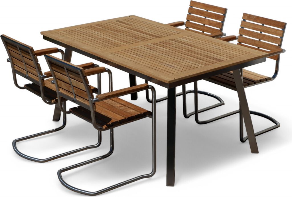 ALEOS. Gartengarnitur Edelstahl Teak Set: Tisch Nassau 160x90 cm + 4 stapelbare Teak Schwingsessel A-Grade Teak Holz Serie Nassau Gastroqualität G...