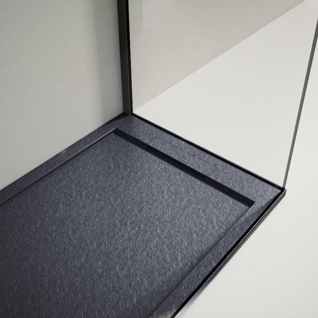 Mineralguss-Duschwanne extra flach LUX Schieferoptik anthrazit 70x180cm Edelstahl in gleicher Farbe Auslaufschutz in Farbe