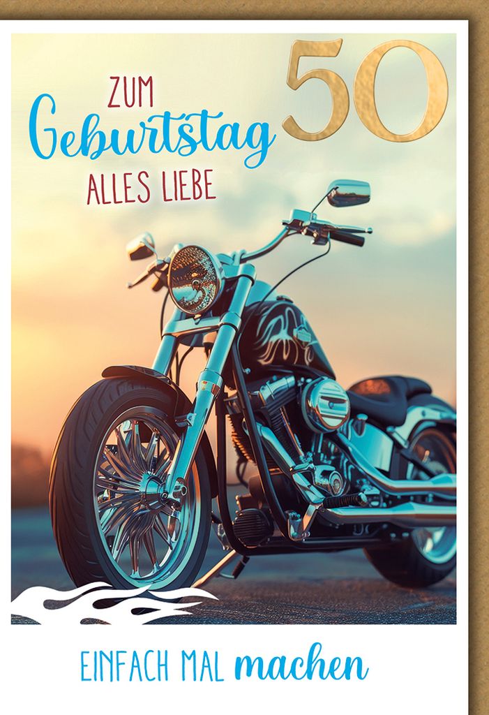 50. Geburtstag Glückwunschkarte mit Briefumschlag Motorrad Produktbild 