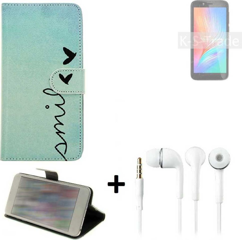 K-S-Trade Schutz Hülle Handy Hülle kompatibel mit Elephone U5 360° Wallet Case Schutz Hülle ''smile'' inkl. Ohrstöpsel Smartphone cover Flipstyle