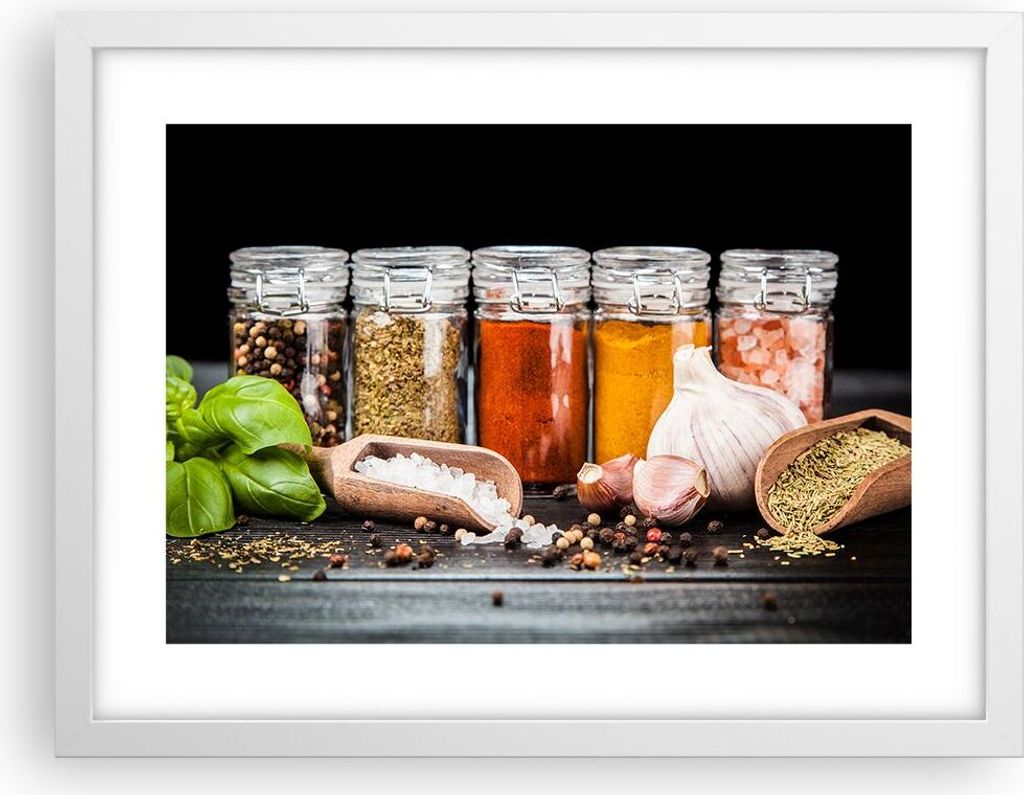Gerahmtes Poster - Weißer Rahmen - Gewürze Knoblauch Holz Salz - 40x30 cm - Wand Bild - Wanddeko - Wandbilder - Wandposter - Bilderrahmen - Bilde...