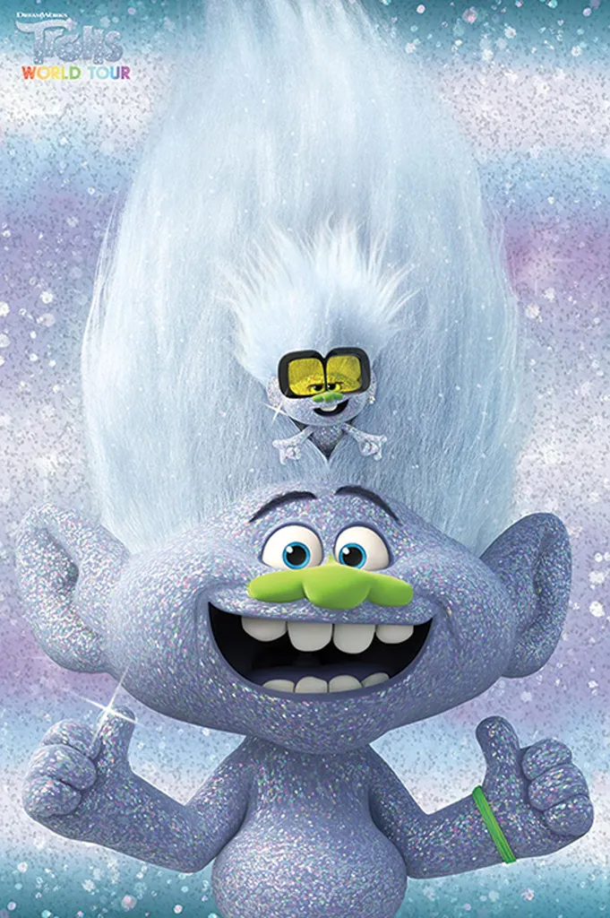 Poster Trolls World Tour Guy Diamond et Tiny avec porte-affiche en bois