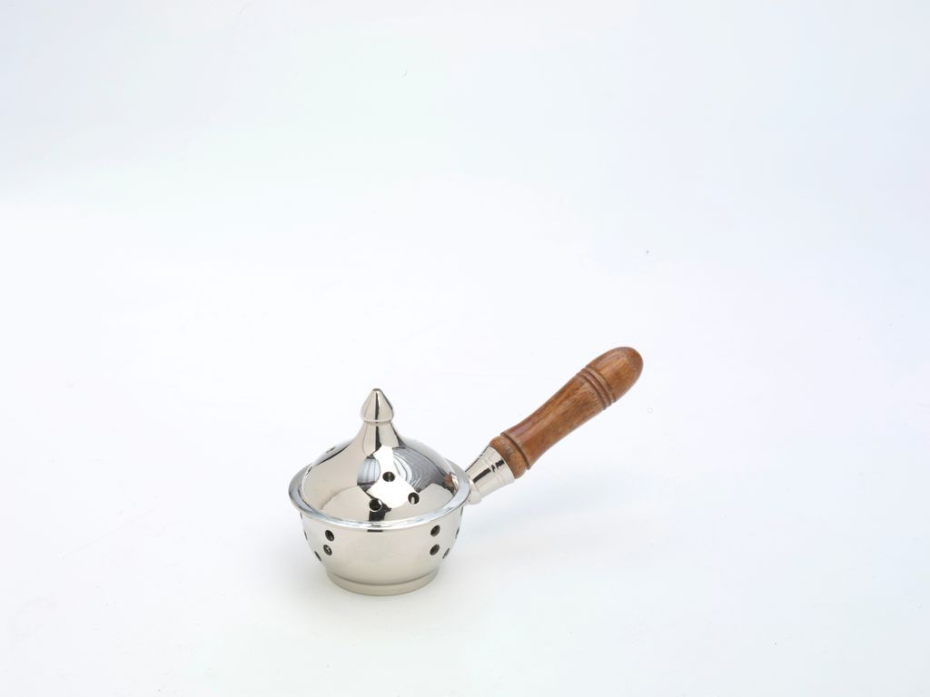 Weihrauchpfanne, Räucherpfanne aus Messing vernickelt Slber mit Holzgriff Länge 17 cm für Räucherkohle