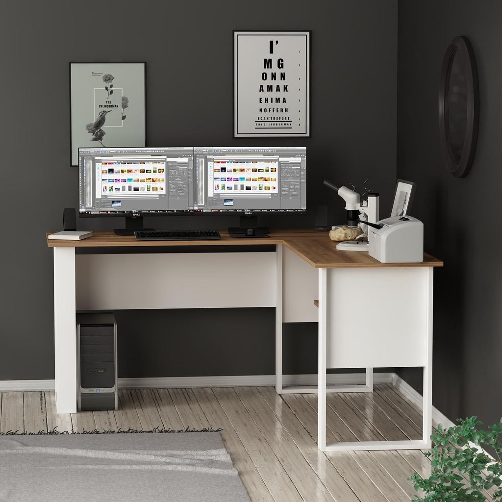 HOMIDEA Randi Eckschreibtisch in L-Form mit Regalen - Moderner Computertisch für Büro und Homeoffice - Weiß/Eiche