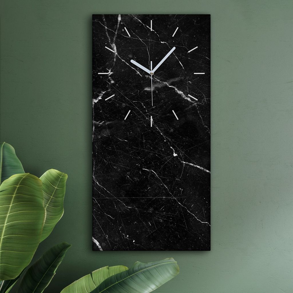 Wohnzimmer Leinwand Uhr Geräuschlos Küche 30x60 Schwarzer, Marmor, Textur, weiße Zeiger