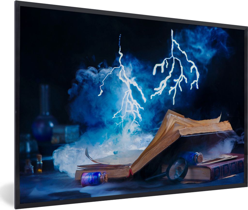 MuchoWow MuchoWow Gerahmtes Poster Blitze über einem magischen Buch 90x60 cm - Poster mit zchwarzem Bilderrahmen - Fotorahmen - Foto-Plakat