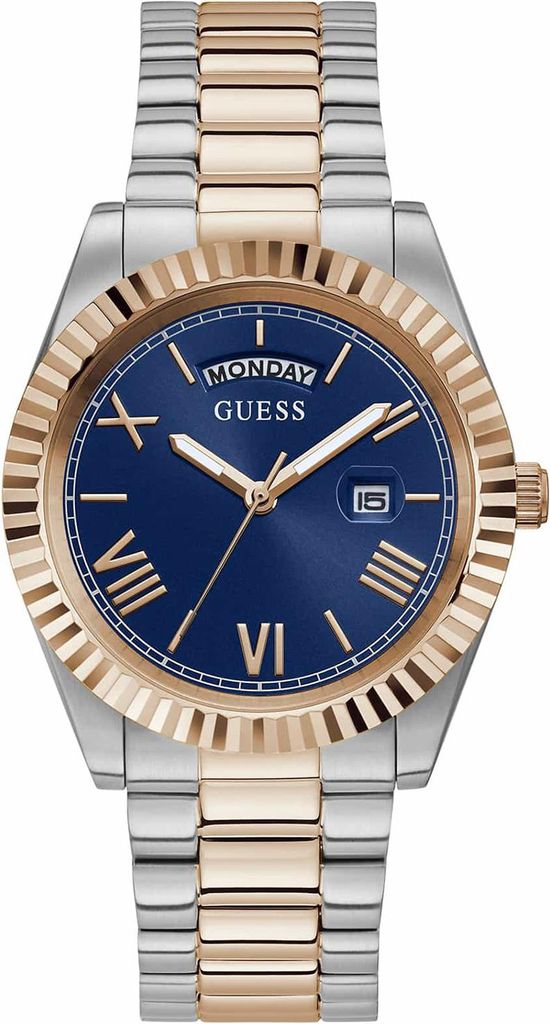 A close-up studio shot of a men's watch with a blue dial, silver and rose gold band, and a fluted bezel.
