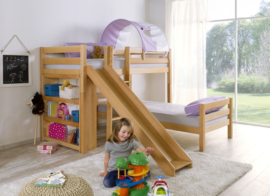 Etagen- bzw. 2. Einzelbetten Beni Buche massiv Natur lackiert mit Rutsche 90x200