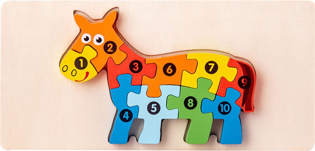 3D Verkehr Tier Dinosaurier Puzzle Blöcke mit numerischen Eingabeaufforderungen, geeignet für Kinder im Alter von 18 Monate und höher,Pferd