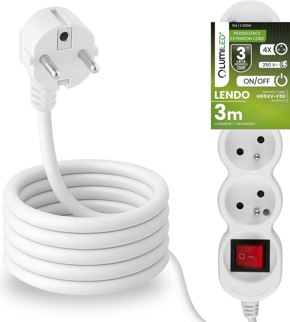 LUMILED Steckdosenleiste mit ON/OFF Schalter 4-Fach Steckdose Typ E, 3m Kabel H05VV-F3G, Weiß, Mehrfachsteckdose E Stecker 10A 2300W 250V IP20 Hal...