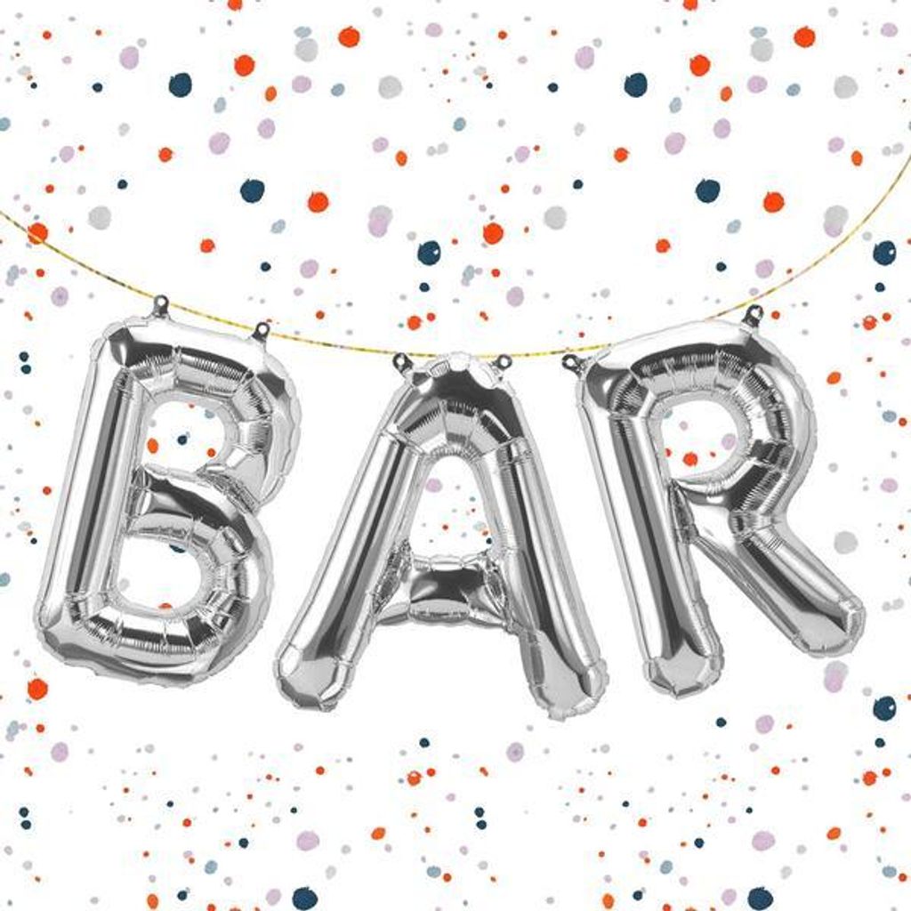Folienballon Schriftzug Bar, Silber, ca. 40 cm für Luftbefüllung
