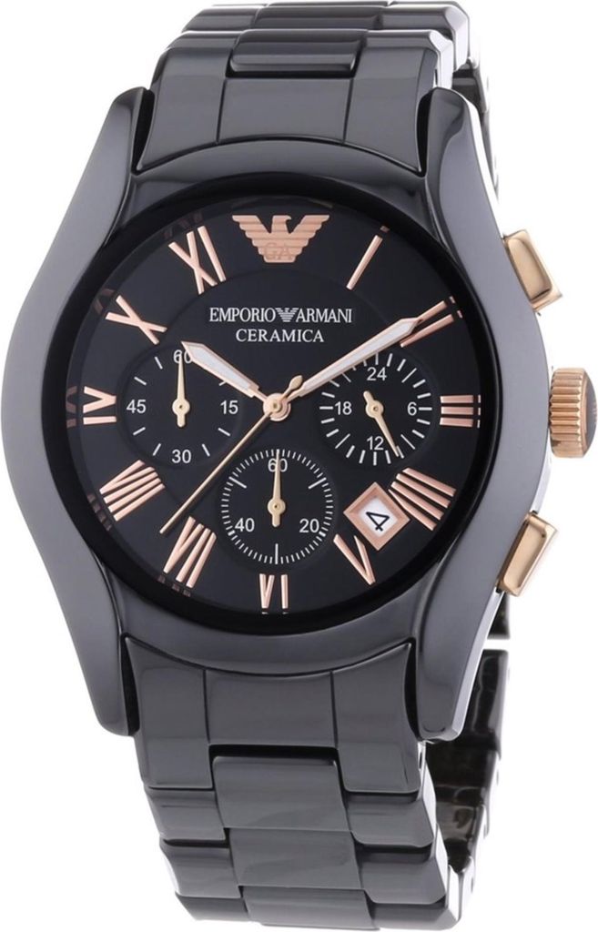 A close-up studio shot of a black Emporio Armani ceramic chronograph watch with rose gold accents.