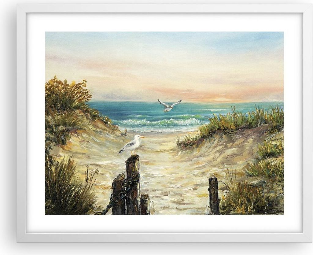 Gerahmtes Poster - Weißer Rahmen - Impressionismus Möwen Küste - 50x40 cm - Wand Bild - Wanddeko - Wandbilder - Kunstposter - Wandposter - Bilde...