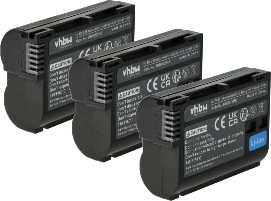 vhbw 3x Akku kompatibel mit Nikon D800, D7000, D7100, D610, D800E, D810, D7200, D750, D500, D600, D7500, D8000, D780 Kamera (1400 mAh, 7 V, Li-Ion)...