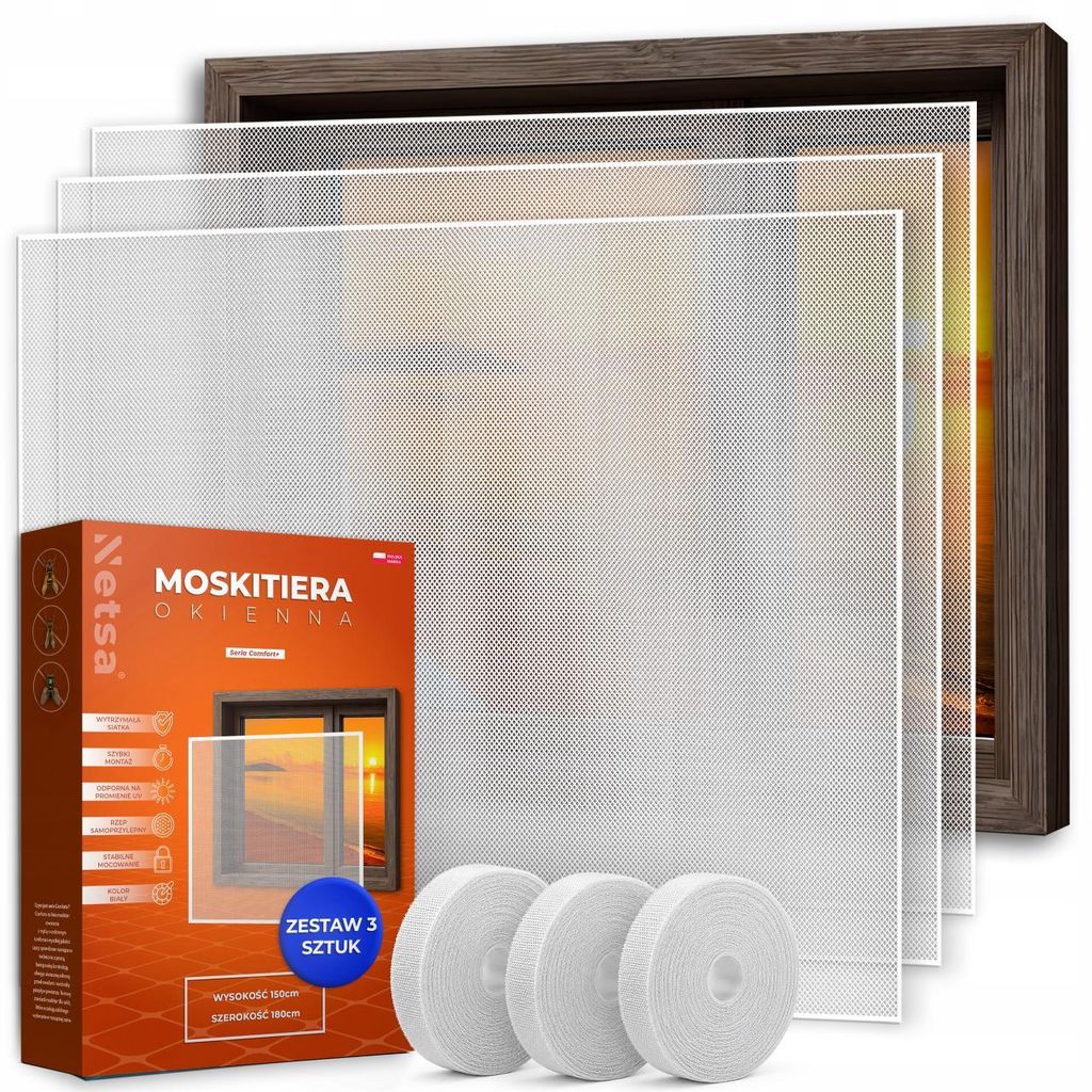 Netsa | 3er Set Fenster Moskitonetz 150x180 cm Weiß – Produktbild 