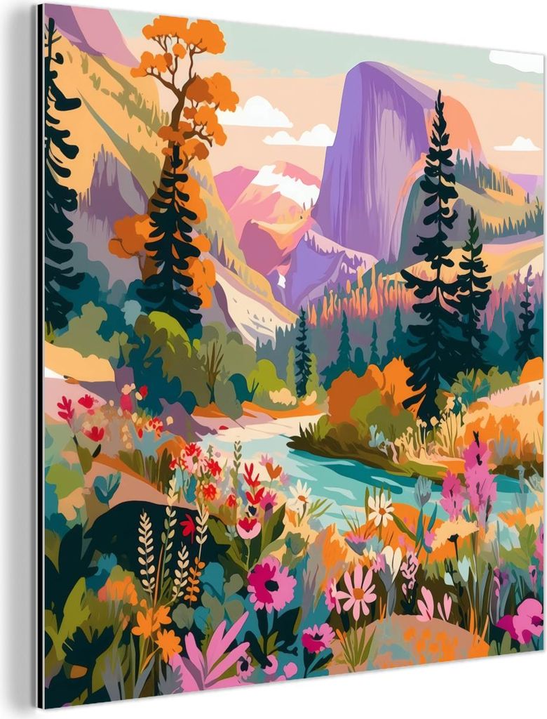 MuchoWow Wanddekoration Metall Metallbild Wandkunst 20x20 cm Fluss - Tal voller Blumen - Lebendig MuchoWow Aluminium Gemälde - Alu Dibond Bilder