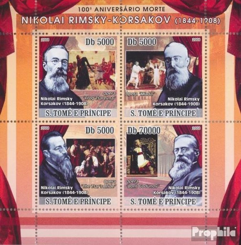 Briefmarken Sao Tome e Principe 2008 Mi 3272-3275 Kleinbogen (kompl. Ausgabe) postfrisch Korsakov (Oper, Gemälde)
