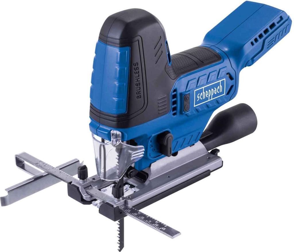 A cordless jigsaw with accessories is shown against a white background.