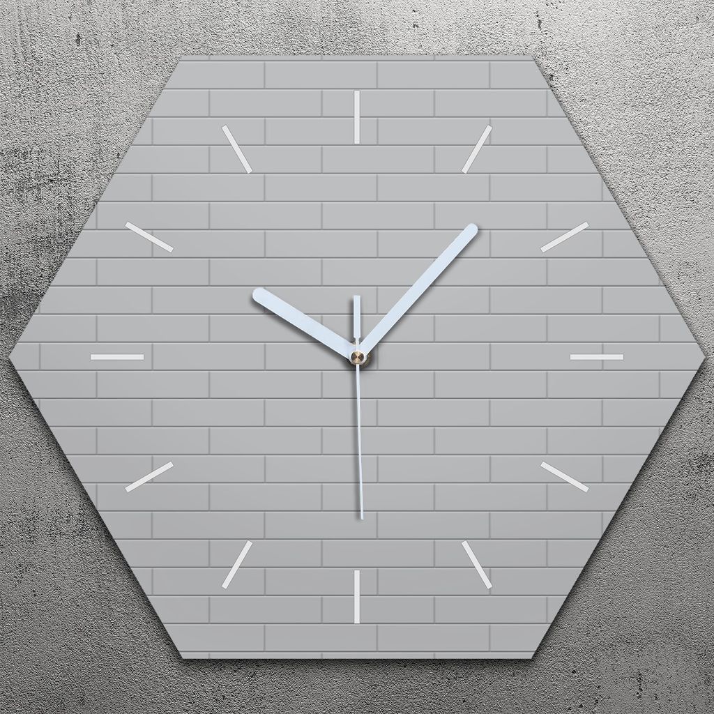 Uhr hexagonal 40 cm Glas Geräuschlos weiße Zeiger - farbige Backstein Ziegel