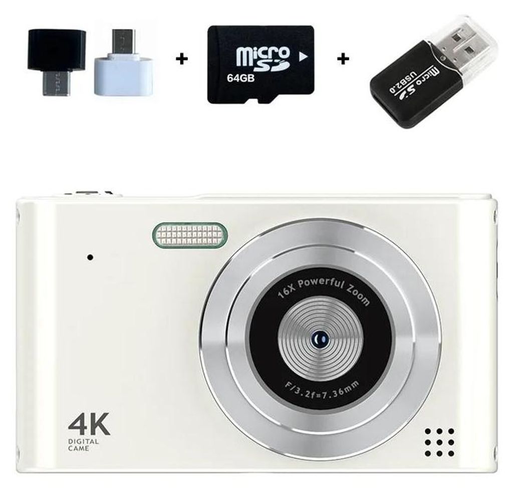 Retro Digitalkamera - CCD-Kinderkamera - 64 GB, 16x Zoom, 6,1 cm Display, HD, Vintage-Filter - Weiß
