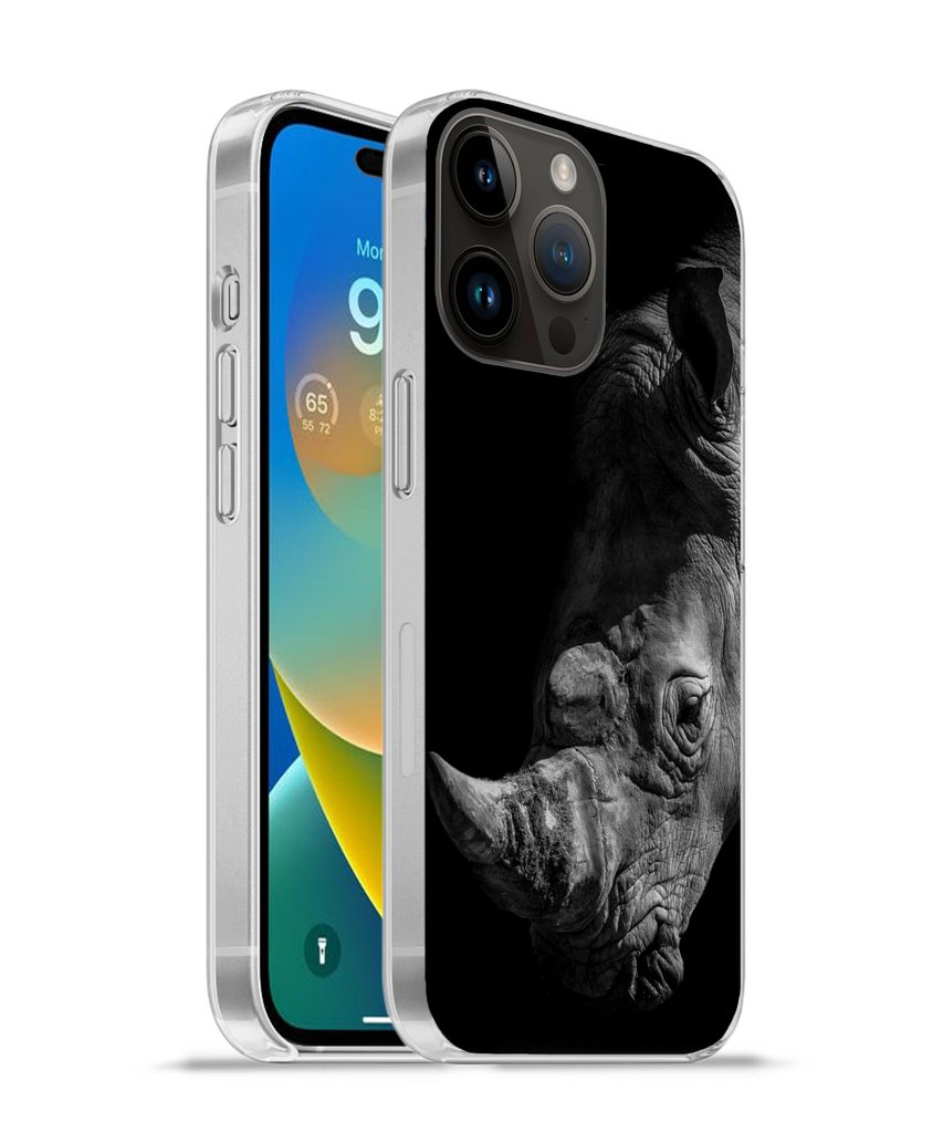 MuchoWow Handyhülle Schutzhülle Hülle für Apple iPhone 14 Pro - Softcase Nahaufnahme eines Nashorns auf schwarzem Hintergrund Silikon Softcas...