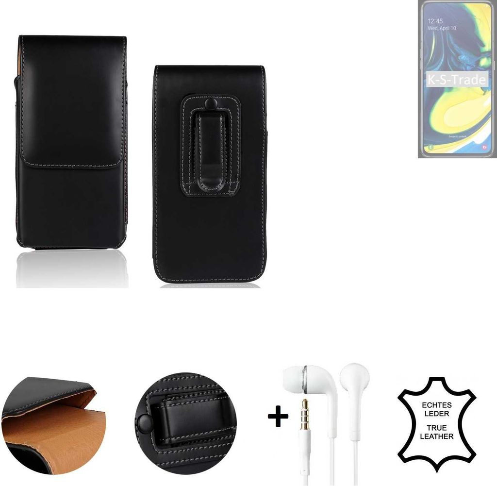 K-S-Trade Leder Gürteltasche + Kopfhörer kompatibel mit Samsung Galaxy A80 Seitentasche Belt pouch Holster Handyhülle Schutz Hülle Etui schwarz 1x