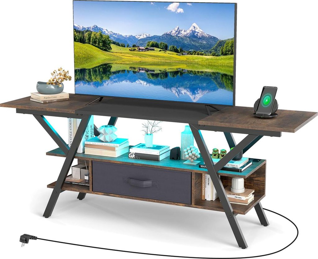 TV-Schrank 3-stufig, Fernsehtisch für 55-65 Zoll, TV-Ständer mit verstellbaren RGB LED-Lichtern, Schublade, Ladestation, 140x40x54cm (Braun)