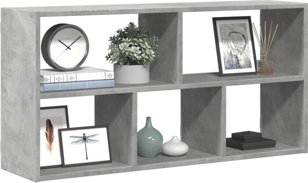A gray cube shelf unit with various decorative items placed inside.