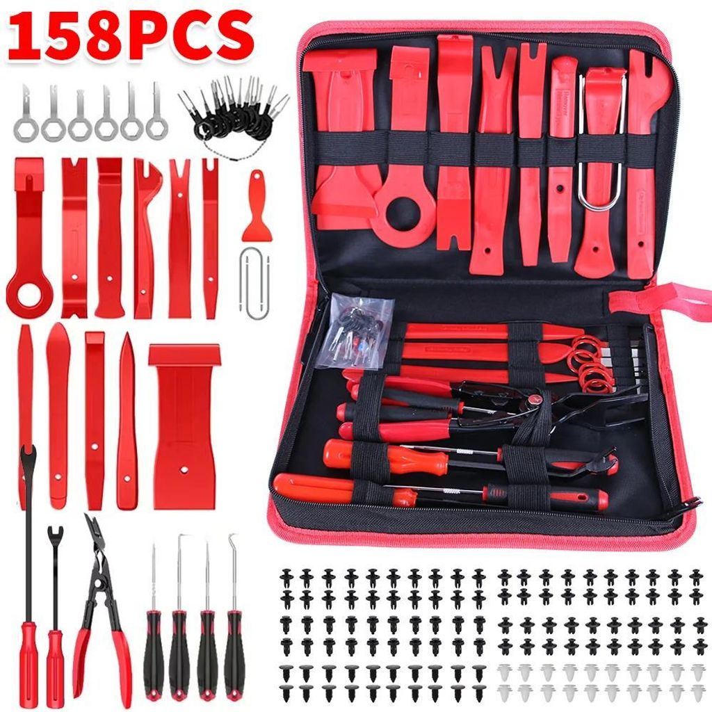 Kfz Verkleidungshebel Set - Innenraum Demontage Werkzeug 158 tlg - Nylon Zierleistenkeile - Clip Zange - Türverkleidung & Verkleidungslöser