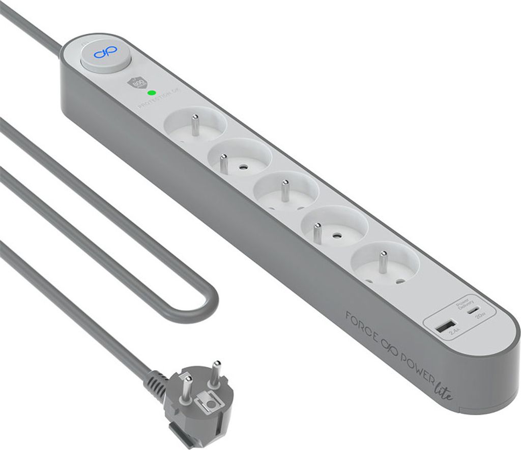 Force Power, Überspannungsschutz 5-fach Typ-E 800J mit USB-A/USB-C 1,5m, Silber