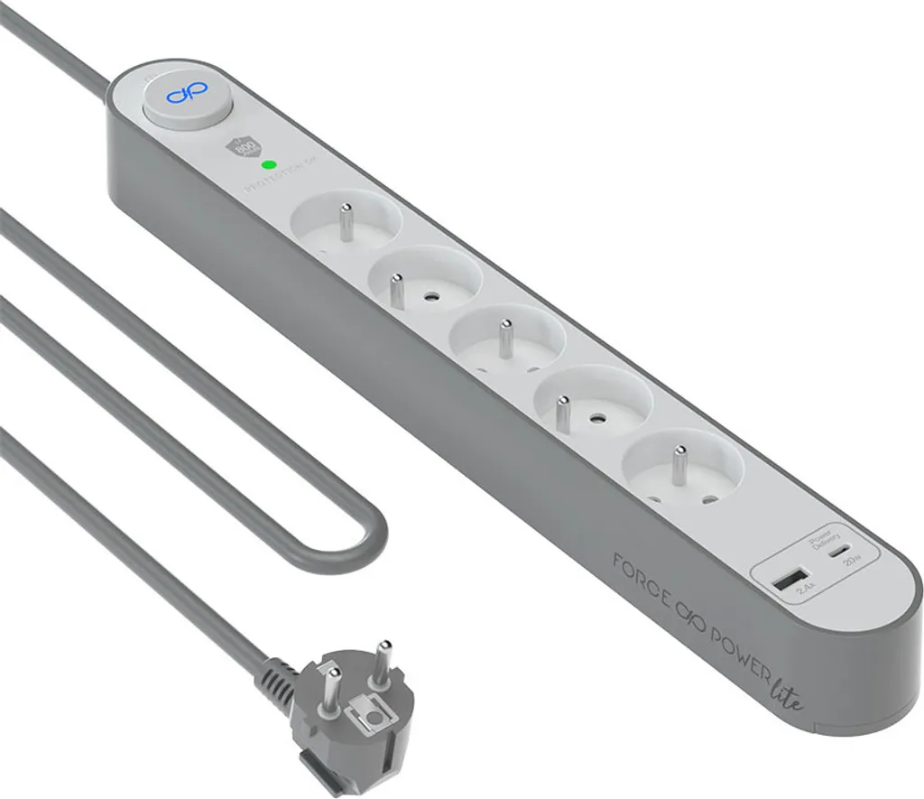 Multipresa Force Power 5 Prese 800J USB-C Fast Charge Argento 1.5m